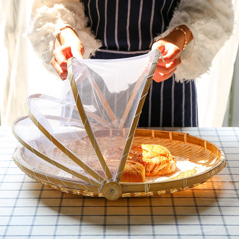 

Handmade Bamboo Woven Bug Proof Wicker Basket Dustproof Picnic Fruit Vegetable Bread Tray Wicker Food Bread Dishes Cover