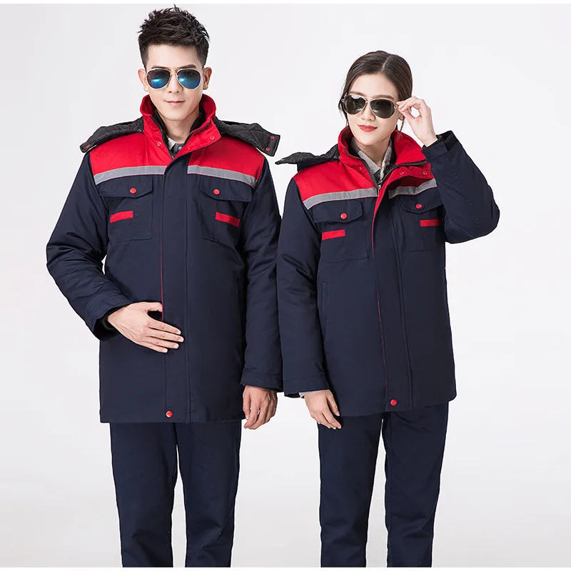 Jaqueta de Algodão Quente de Inverno com Tiras Roupa de Trabalho Reflexivas Forro Quente Destacável
