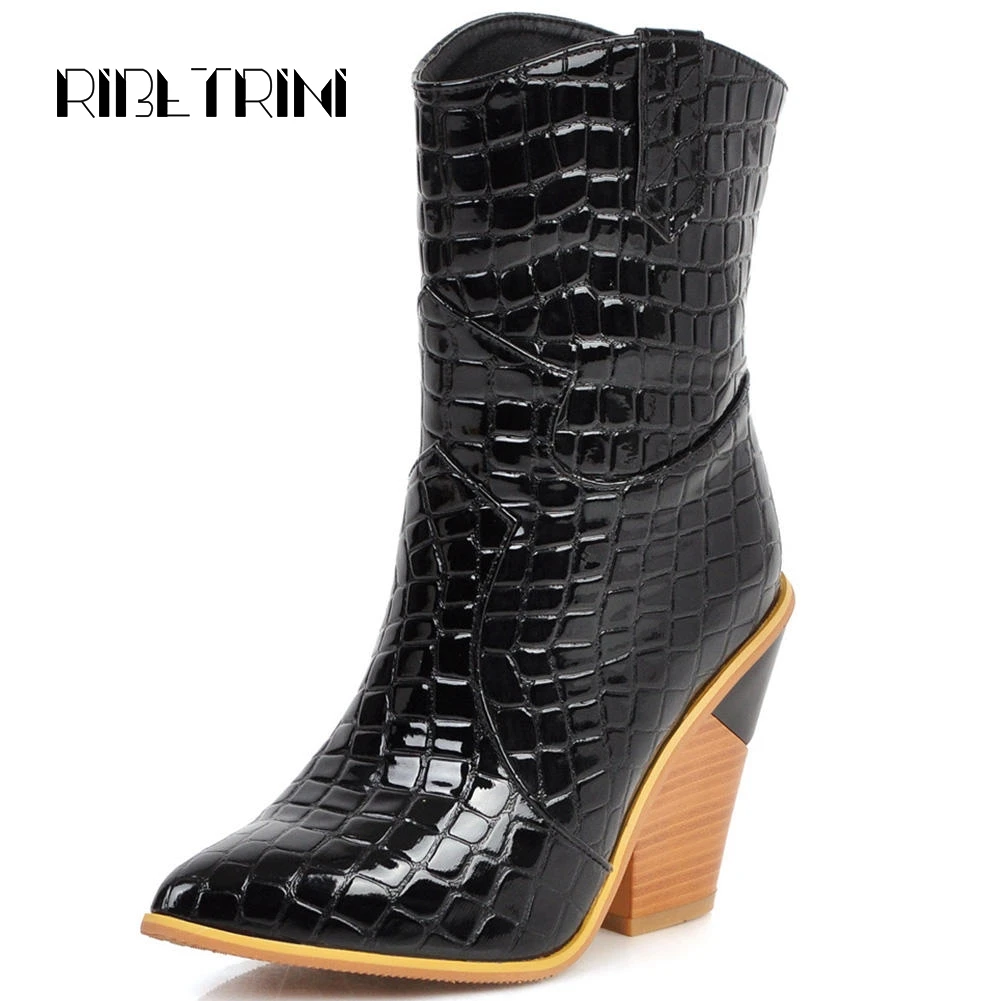 

RIBETRINI Mid Calf Boots For Women 2019 Wooden Strange Heel Pointed Toe Shoes Woman Slip On Patent Leather Chelsea Boots