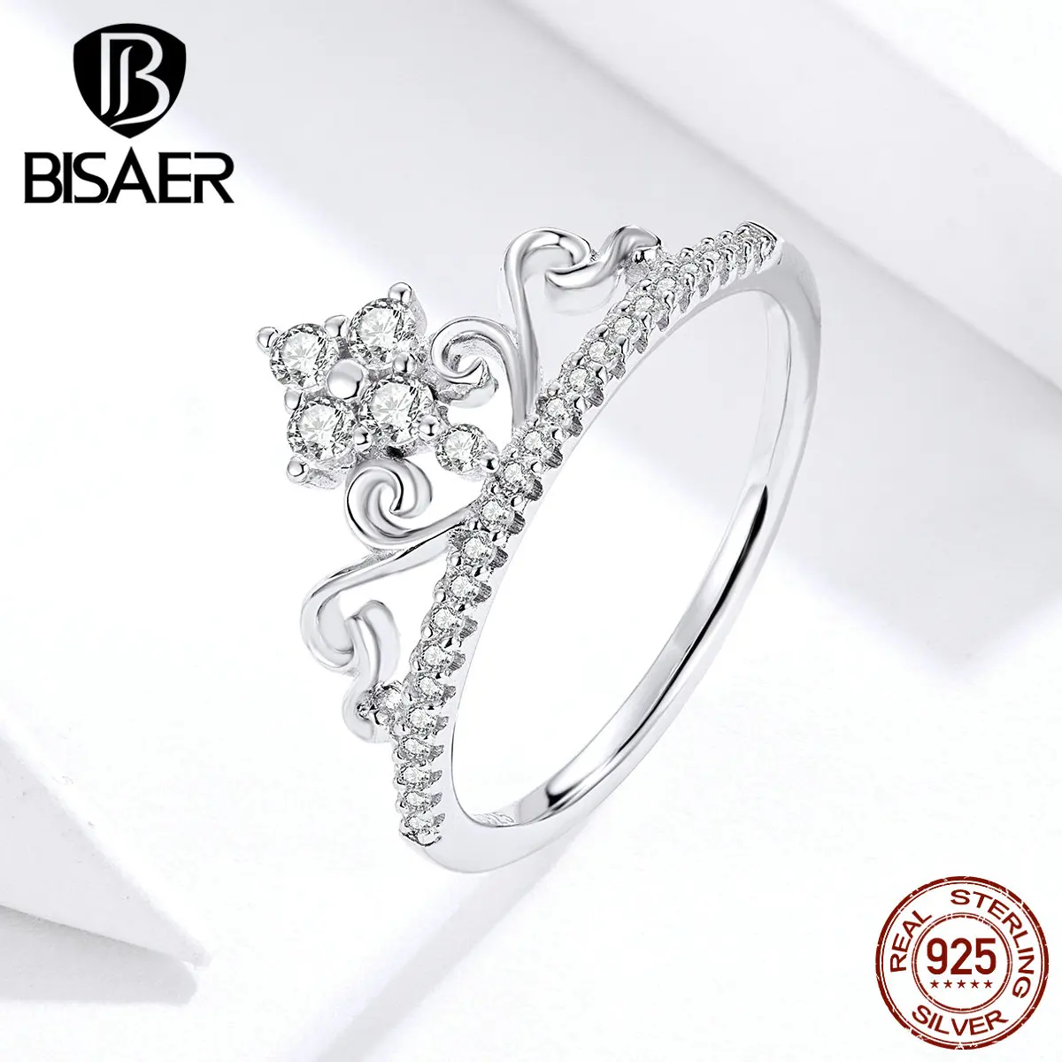 

Princess Rings BISAER 925 Sterling Silver Cubic Zircon Princess Queen Crown Finger Rings for Women Wedding Jewelry ECR597
