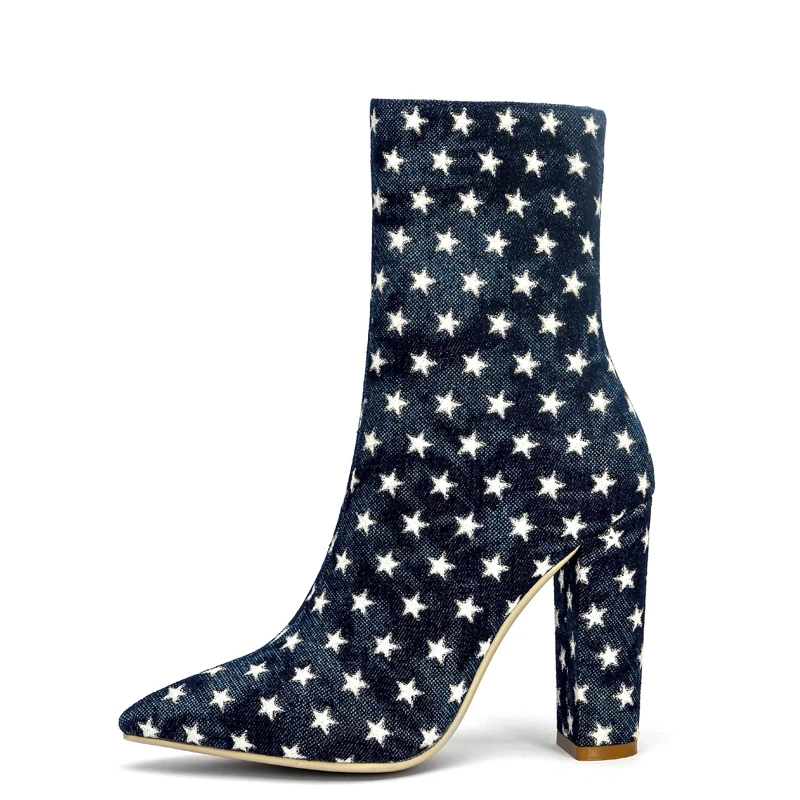 

YECHNE Women's Heels Chelsea Boots Denim Blue Sexy Autumn Winter Woman 12 Cm High Heel Shoes Fashion Sexy Pointed Toe Boots