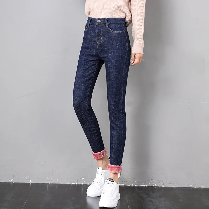 Высокая талия джинсы флис плюс размер женские обтягивающие бархатные джинсы карандаш для женщин брюки повседневные синие Черные стрейч мода зима осень