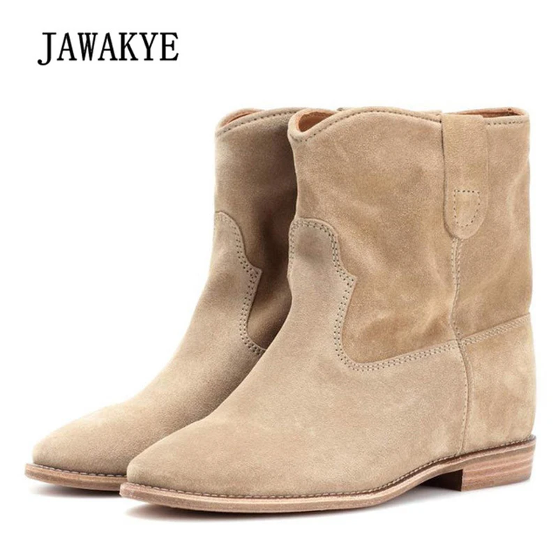 

Genuine leather British wedge heel kidsuede Ankle Boots For Women height Increased insert wedge heels Chelsea Short Boots shoes