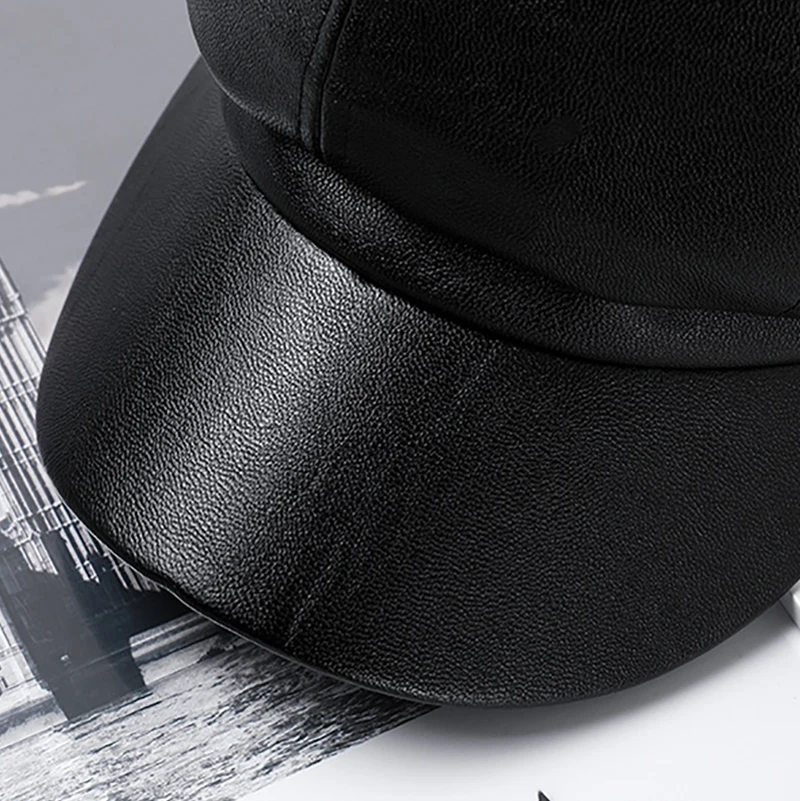 Cpop Black PU Leather Hats High Quality New Fashion Pure Colors Visors Hats Winter Simple Personality Elegant Women Winter Gifts