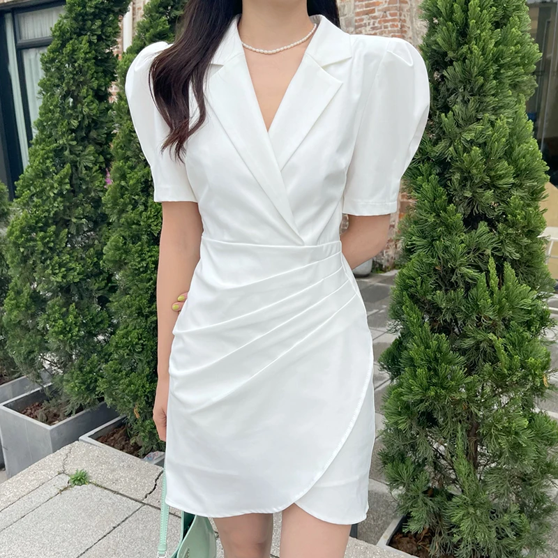 

QOERLIN Chic OL Blazer Dress Ladies Mini Party Fashion Elegant Female One Dress Korean Short Sleeve Office White Dress 2021 New