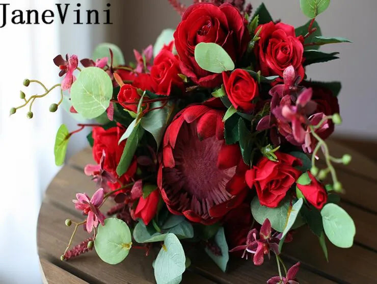 JaneVini Fleur Mariage темно-красный свадебный букет цветов Искусственные розы прочая цинароиды Свадебные букеты держатель для рук
