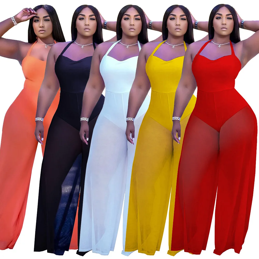Mesh Stitching Women Rompers 2021 Summer New Halter Off Shoulder Jumpsuit Sexy See Through Beach Wear Holiday Wide Leg One Piece mesh lace women s bodysuit hollow perspective sexy long sleeved bodysuit climbing suit 2021 deep v bodysuit jumpsuit