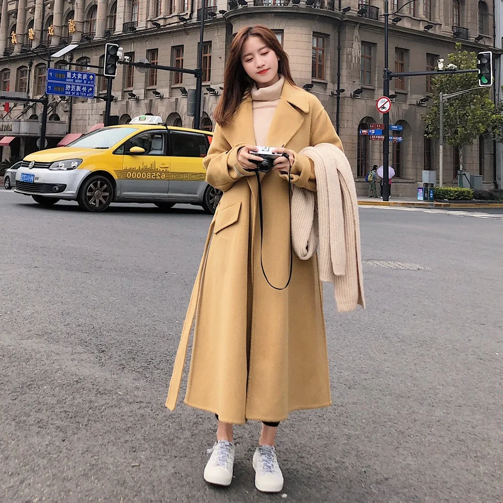 

Photo Shoot 2018 Winter New Style Fashion Retro British Style over-the-Knee Long Waist Hugging Woolen Jacket Woolen Overcoat Wom