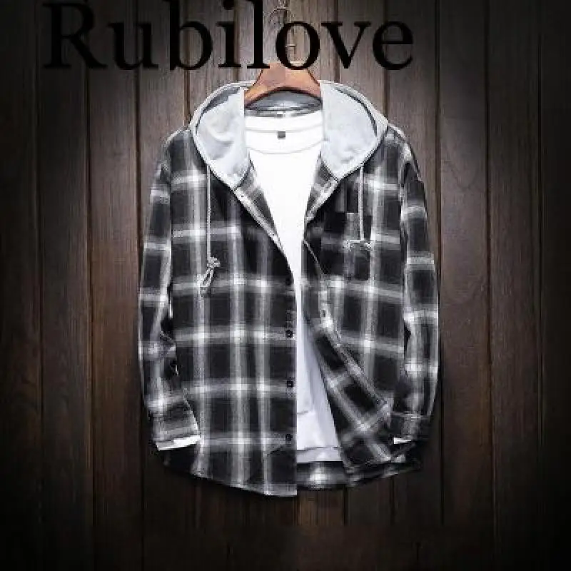 Rubilove 2019 весна осень мужская приталенная Мужская рубашка с длинными рукавами и капюшоном мужская клетчатая рубашка мужская повседневная