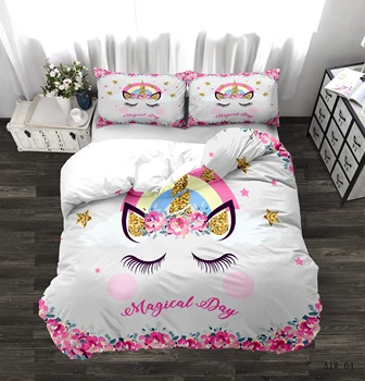 

3D Cartoon Unicorn Kids Bedding Set King Rose Floral Duvet Cover Girly Home Textiles Purple Bedclothes 3pcs Drop Ship kawaii bed