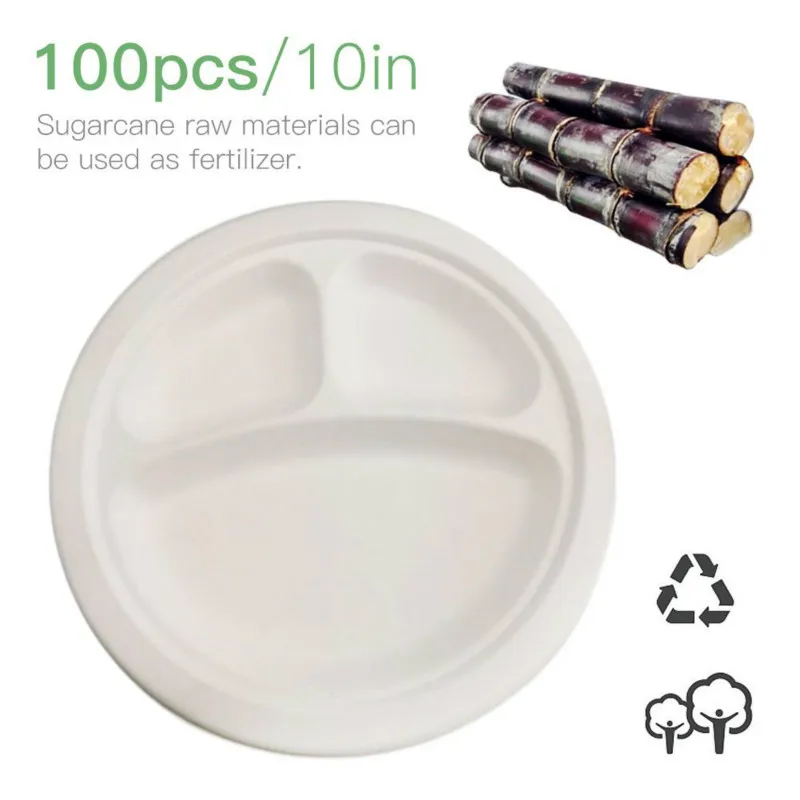 

Partition Environmental Protection Cup Disposable Paper Plate Cake Original Site Sugar Cane Pulp Plates Generous 10in 100Pcs/lot