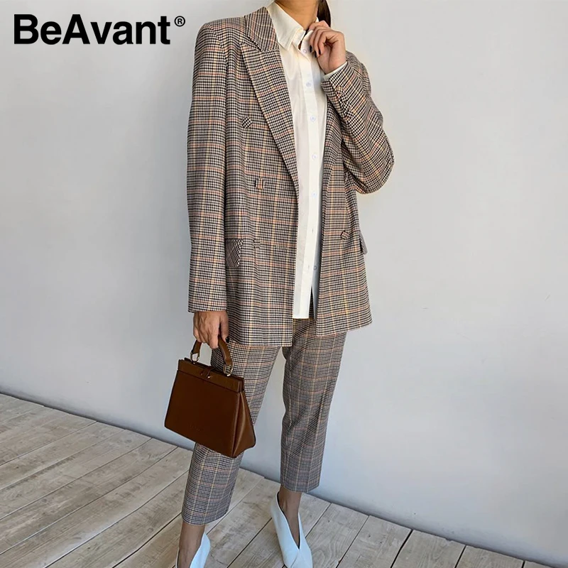 BeAvant, Классический Клетчатый Повседневный Женский блейзер, костюмы, двубортный, модные блейзеры, пальто, брюки, наборы, женский пиджак с длинным рукавом для офиса