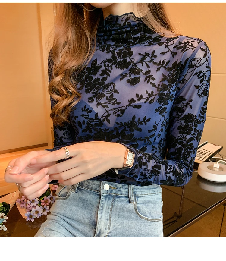 Korean Fashion Mesh Women Blouses Office Lady Shirt and Blouse Long Sleeve Floral Blusas Largas Loose Womens Sexy Tops