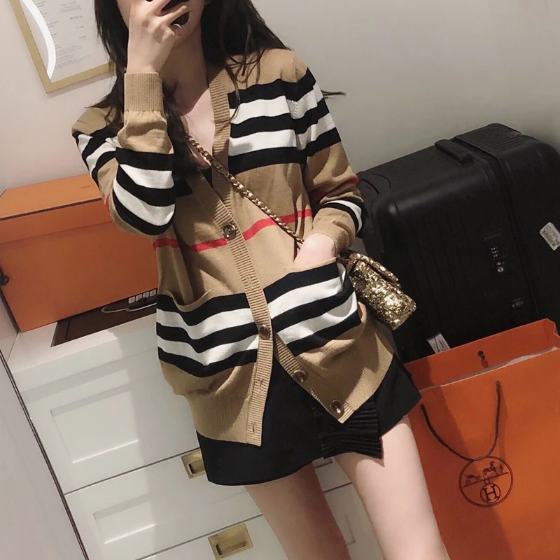 black cardigan V-neck loose striped sweater thin ladies trench coat Women's sweater women's jacket cashmere cardigan mid-length knitted jacket yellow sweater