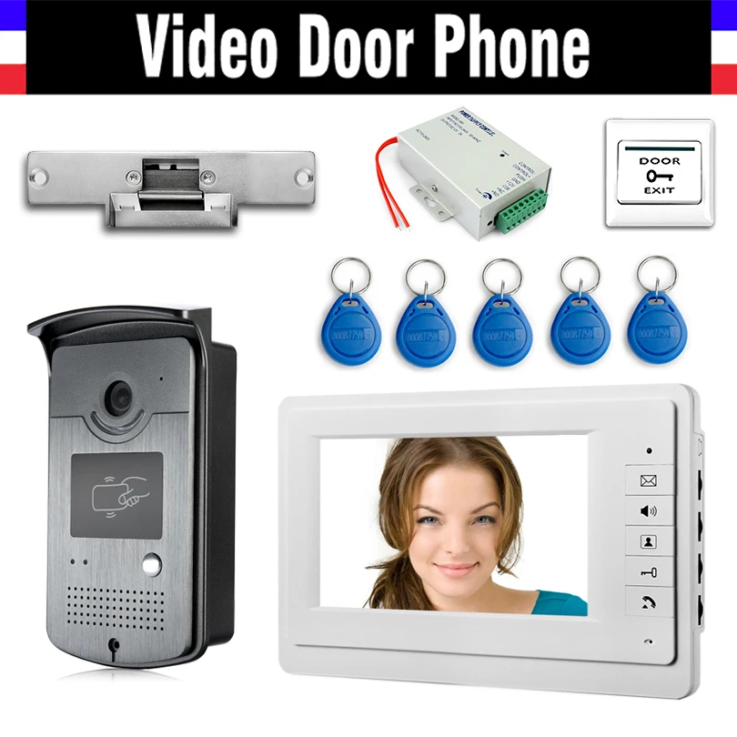 

7" Color Screen Video Door Phone Intercom System + Electric Strike Lock + Power supply controller+ Door Exit + 5 PCS ID Keyfobs