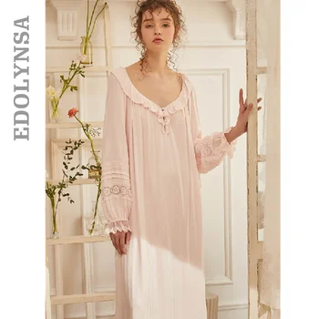 

Women Lace Sleepwear Bride Long Nightgowns Female Sweet Princess Sleeping Home Dress Lady Lace Sexy Nightdress Sleepwear T724