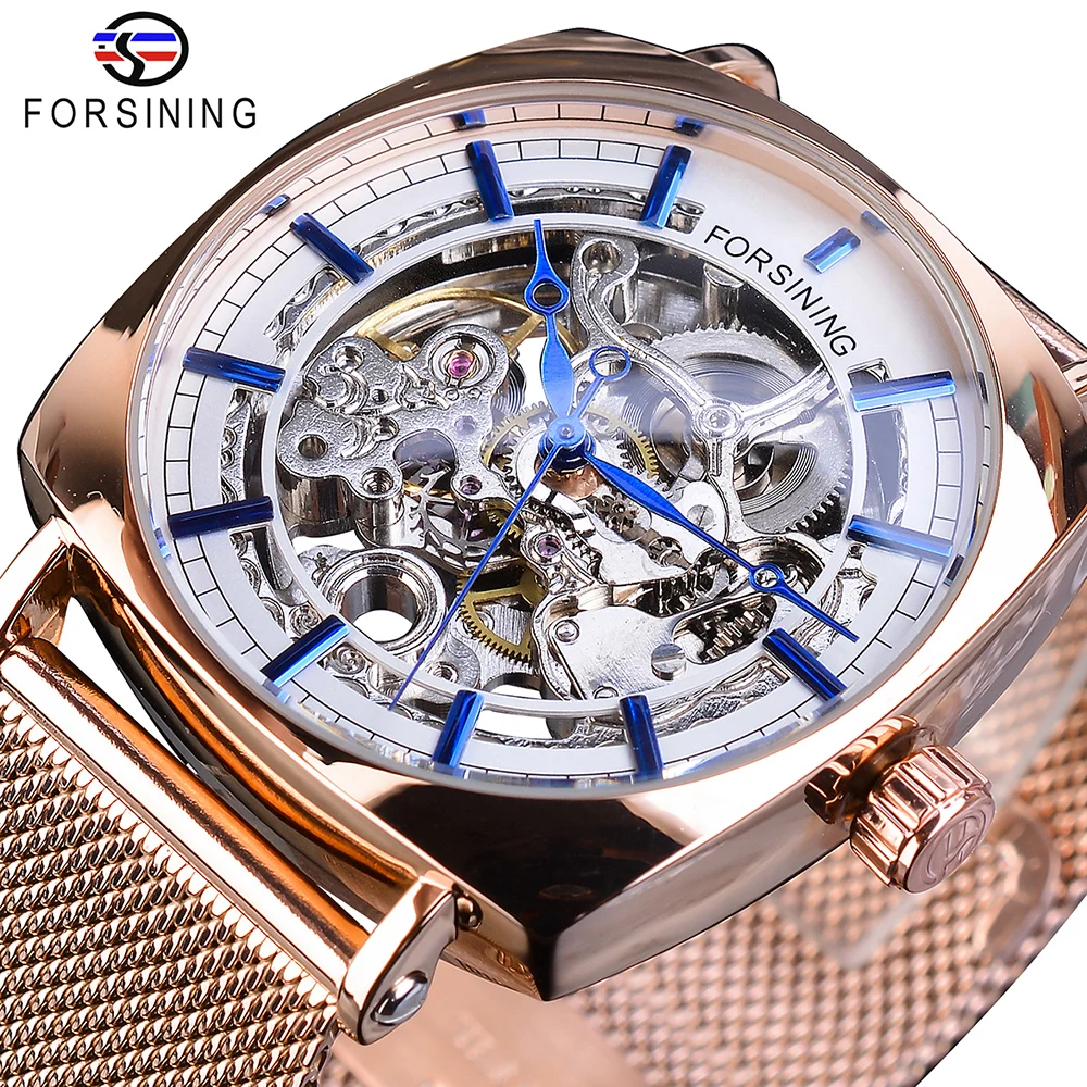 Forsining Top Brand Luxury Man Clock Fashion Mens Watch Casual Waterproof Rose Gold Mesh Skeleton Mechanical Wristwatches - Цвет: W1076-7