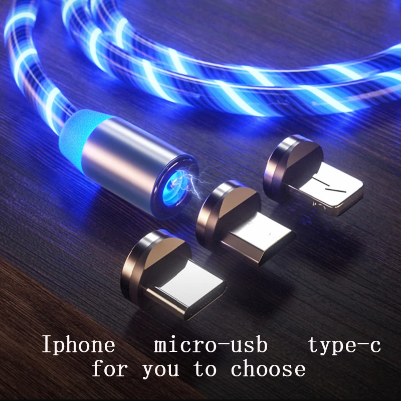 1m Magnetic charging Mobile Phone Cable USB Type C Flow Luminous Lighting Data Wire for Samsung Huawei LED Micro Kable