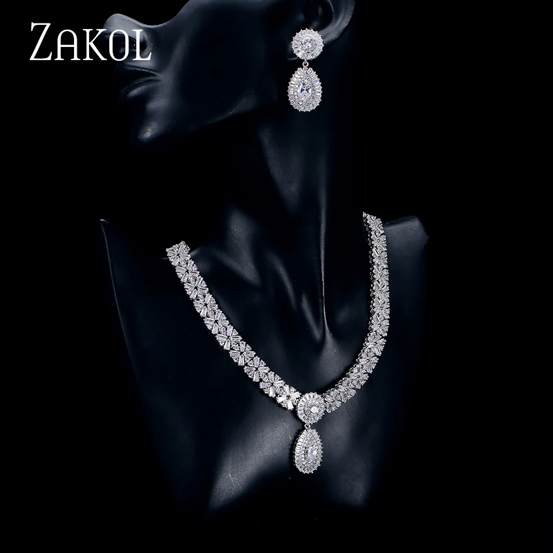 ZAKOL CZ циркония ожерелье серьги набор нигерийский Свадебный Африканский костюм большой женский комплект ювелирных изделий с Прозрачный кристаллический камень FSSP232