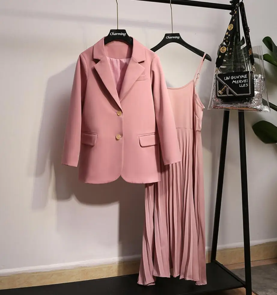 Pink 5XL женский костюм из двух частей большого размера, Блейзер, Осень-зима, офисный костюм, женский пиджак и плиссированное платье на бретелях размера плюс, комплекты платьев - Цвет: Pink