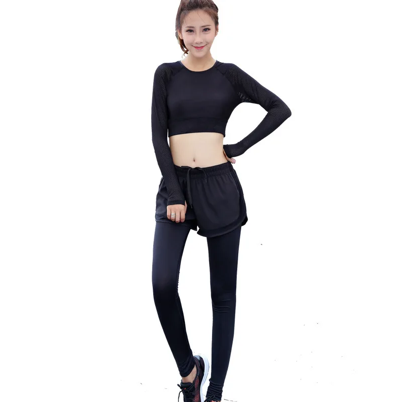 New navel-exposed long sleeve slim mesh pants fitness exercise running suit slimming lady breathable quick drying |