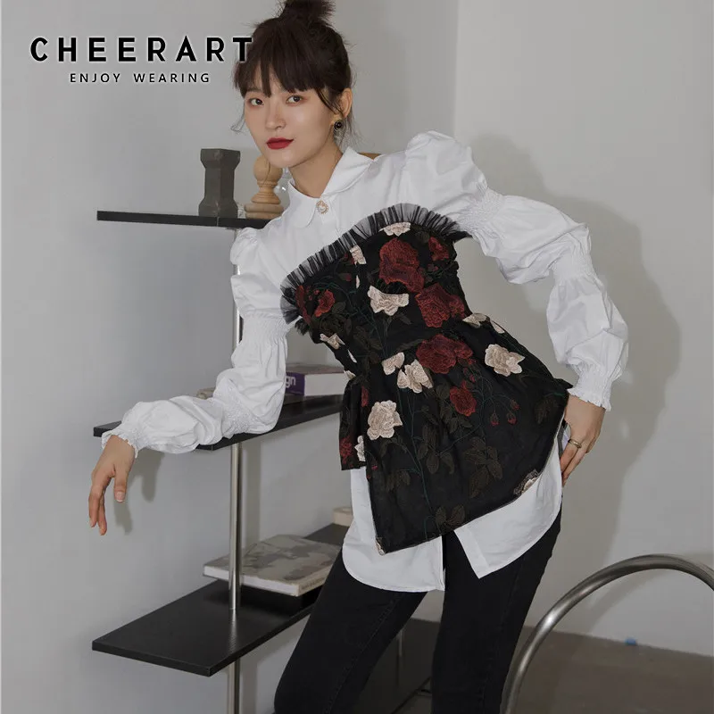 Женская блузка с длинным рукавом CHEERART белая винтажная на пуговицах корсет
