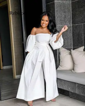 

Newest White Slash Neck Wide Leg Fashion Jumpsuits Puffy Half Sleeves Sash Pockets Glarm Women Pants Party Jumpsuits