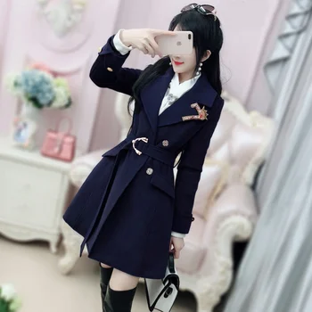 

Spring and Autumn Women Coat Dark Blue Embroidered Long-sleeved Woolen Coat Female Slim Woolen Coat Winter