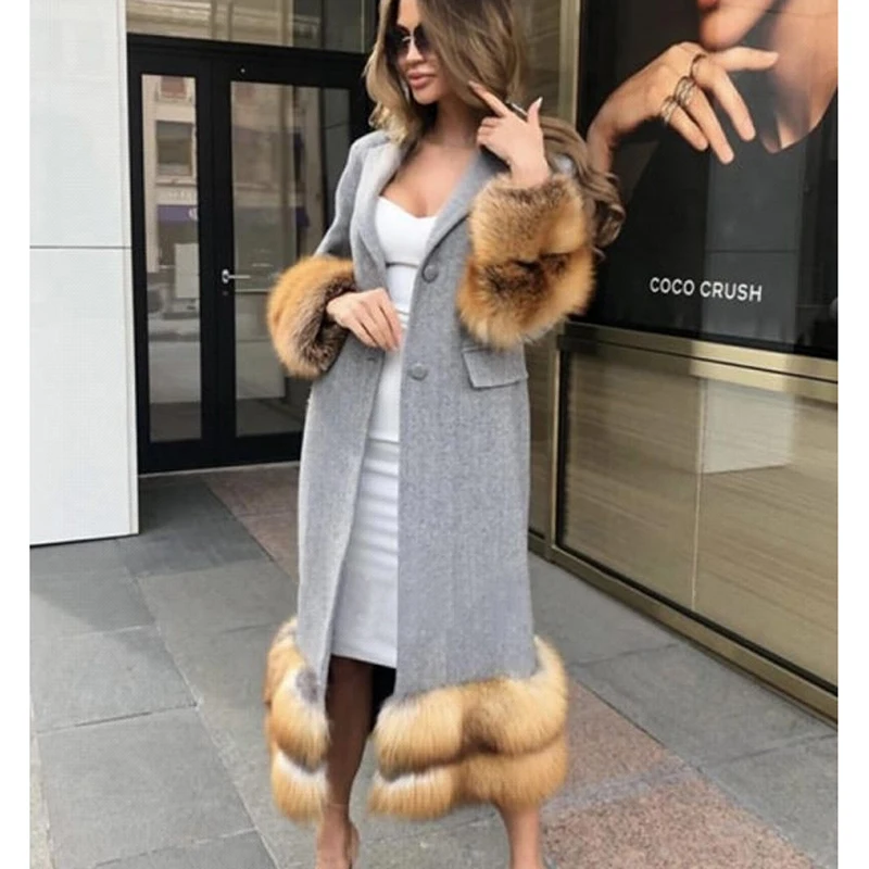 Fandy Lokar Real Red Fox Fur Jackets Women Fashion Cashmere Coats Women Elegant Covered Buttons Long Jackets Female Ladies IAB