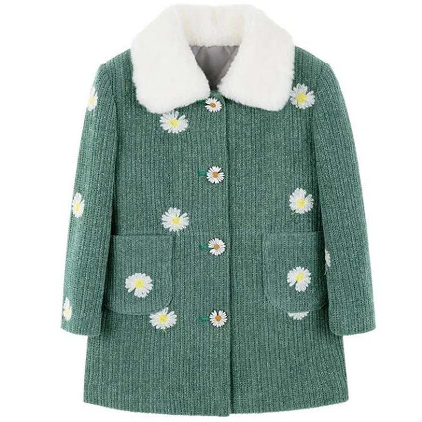 

Baby girl Rex rabbit fur collar woolen overcoat children winter warm fresh daisy embroidered quilted coat