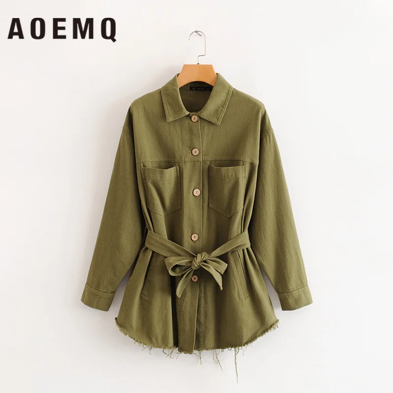 AOEMQ/куртки из полиэстера темно-зеленый/розовый цвет, осенняя куртка на шнуровке, с бантом, с регулируемой талией, в стиле панк, уличные куртки, одежда