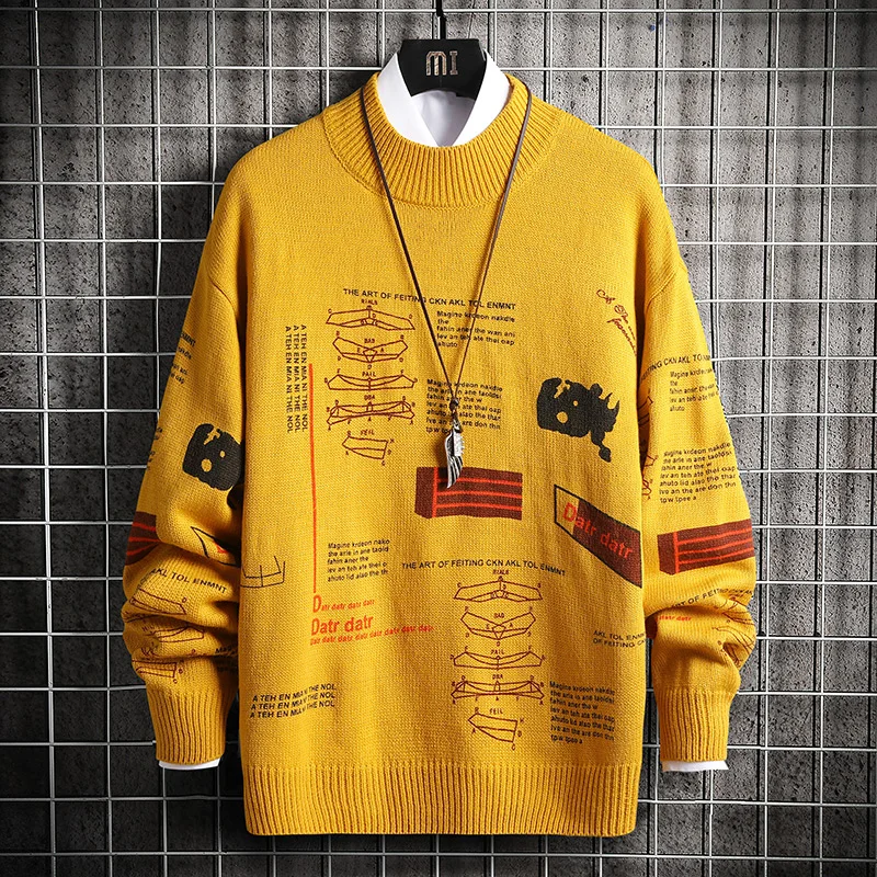 

New Mens Printing Knitted Sweater Men Vintage Sweaters Jumper Pullover Hip Hop Harajuku Casual Sweater