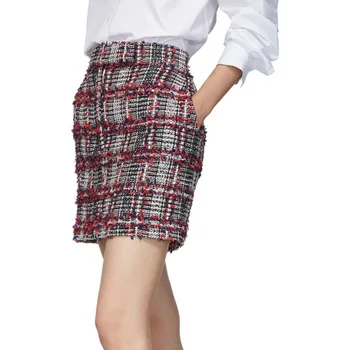 

2019 new winter red plaid women wool blend mini skirt