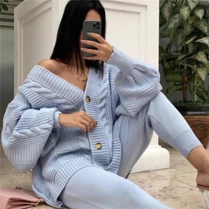 Winter Vintage Knitted Suit Women's Two-Piece Set Casual Solid Twist Cardigan Sweater Slim Pants Autumn Female Outfit