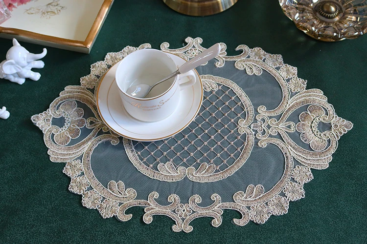 H12c807f4faf44ba5940bf9553aec8031E Oval 28x42cm European Luxury Lace Embroidered Restaurant Velvet Placemat Small Balcony Coffee Cup Table Mat Vase Pad Coaster Mallzona