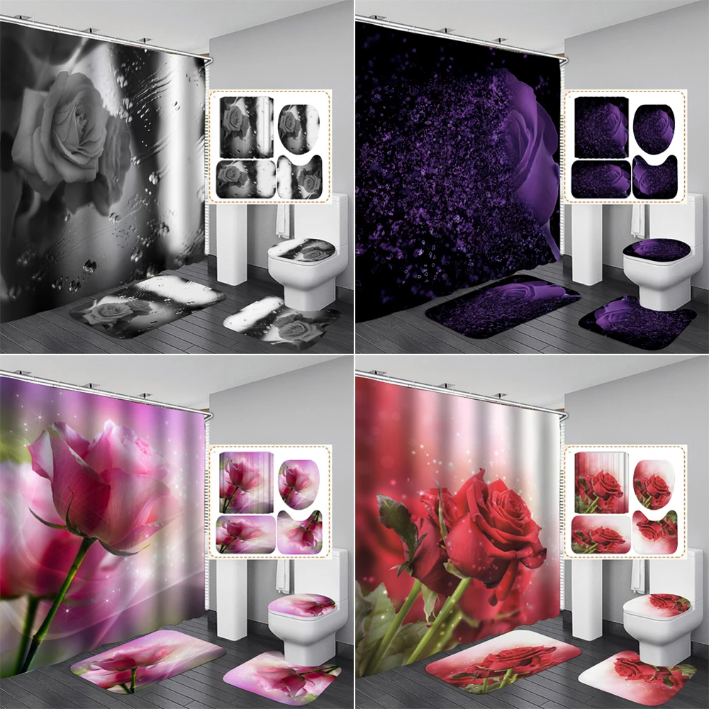 Black and White Rose Flower Waterproof Shower Curtain Beautiful Flowers Bathroom Curtains Set Toilet Cover Non-Slip Bath Mat | Дом и сад