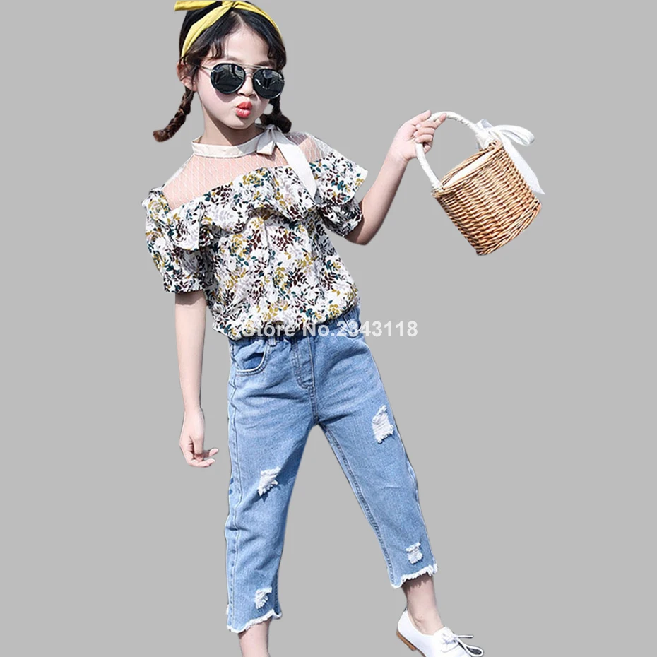 

Girls Clothes Off Shoulder Shirts + Jeans 2pcs Teenage Girls Clothing Casual Floral Big Children's Summer Suits 6 8 10 12 13 14