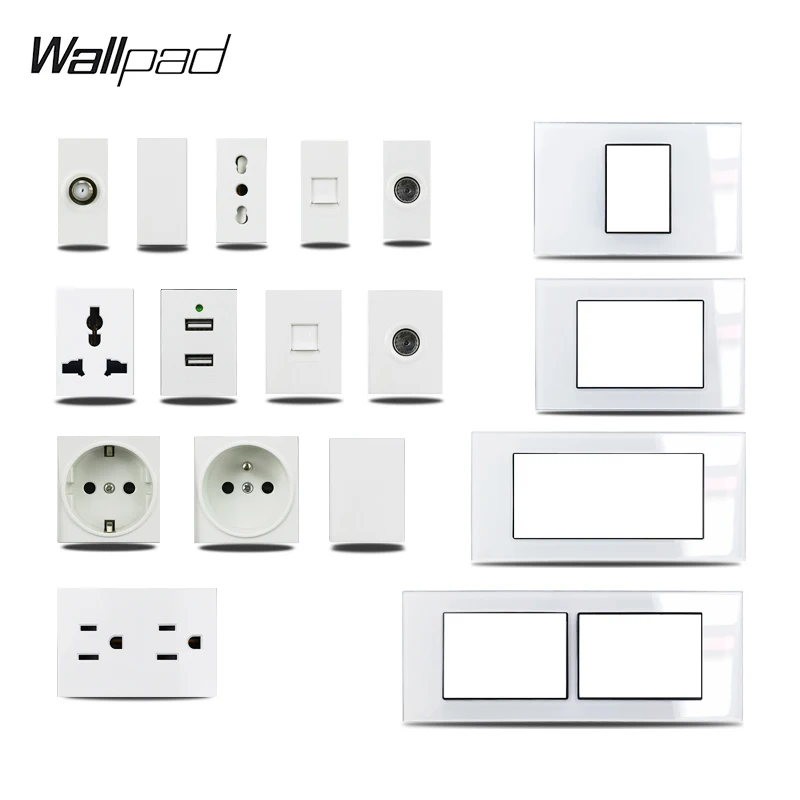 US italie Type bricolage panneau de verre blanc Satellite TV données USBCharger ue français USA prise murale Wallpad 118*75mm 153*75mm 191*75mm