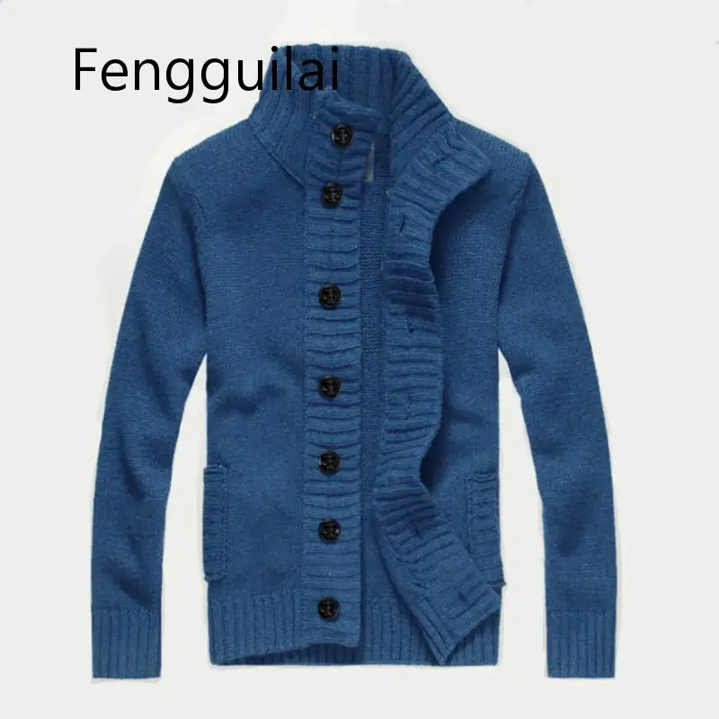Зимний мужской Повседневный свитер, пальто, водолазка, толстый серый вязаный кардиган, шерсть, длинный рукав, теплый, с пиратской пряжкой, Классическая куртка - Цвет: Blue