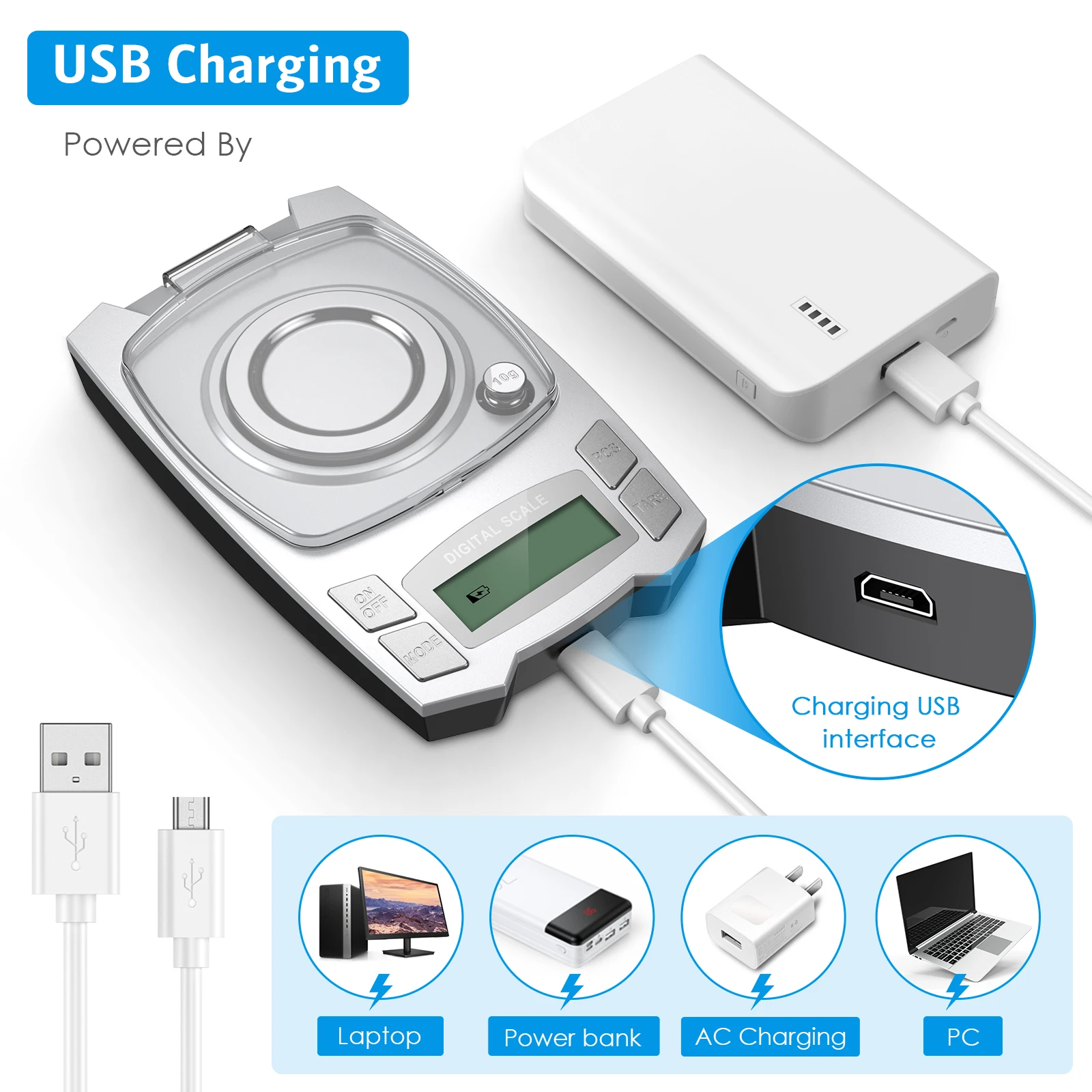 0.001g 정밀 전자 저울 100g/50g USB 충전 디지털 무게 보석 저울 휴대용 실험실 무게 밀리그램 규모