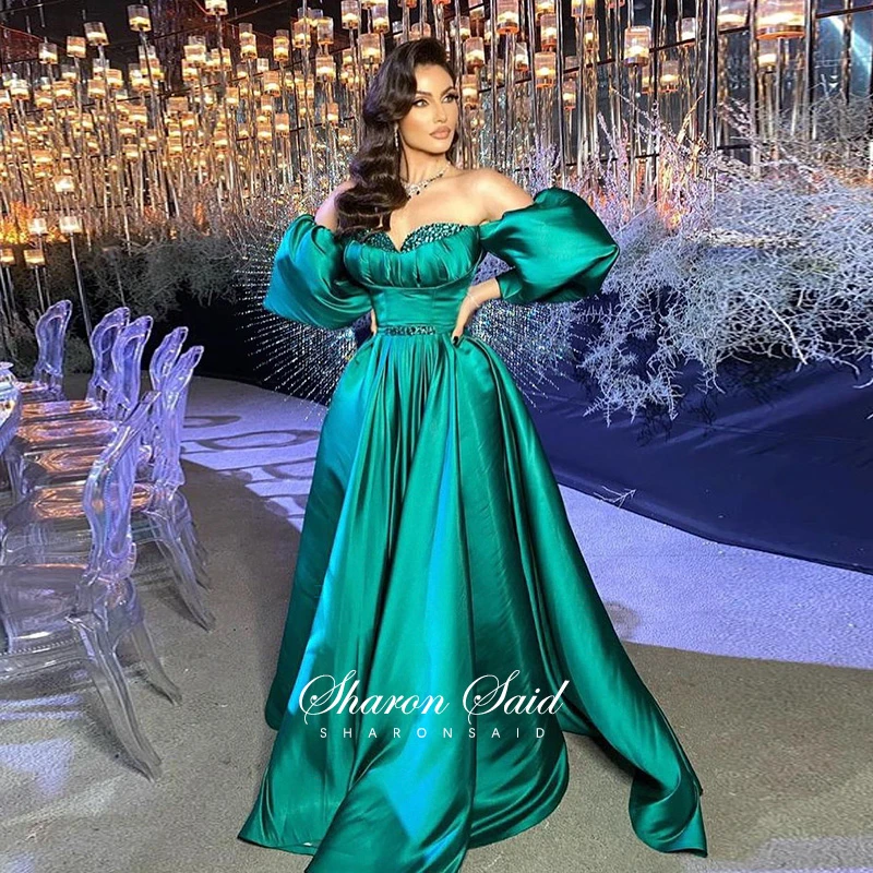 Dubai Emerald Green Evening Dresses with Puff Sleeve Arabic Long Women