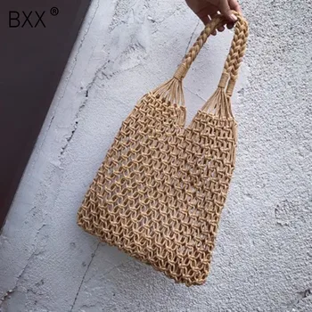 

[BXX] 2020 New Women Hand-woven HollowWork Straw Bag Ladies All-match Woven Beach Shoulder Bag Large Capacity Bags HE293
