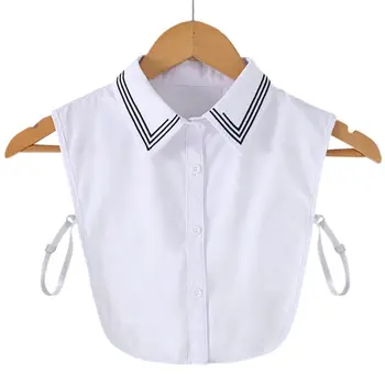 

Women Black Stripes Embroidery Lapel Detachable Half-Shirt Button Fake Collar