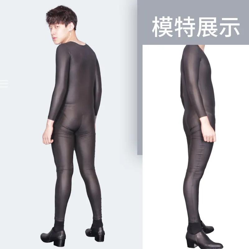 Men Sexy Round Neck Corset Full Piece Leotard High Elastic Faux Leather Bodysuit Long Sleeved Black Stylish