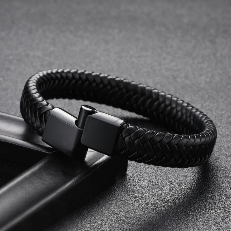 2019New Men Jewelry Punk Black Blue Braided Leather Bracelet for Men Fashion Bangles GiftsStainless Steel Magnetic Clasp - Окраска металла: Black