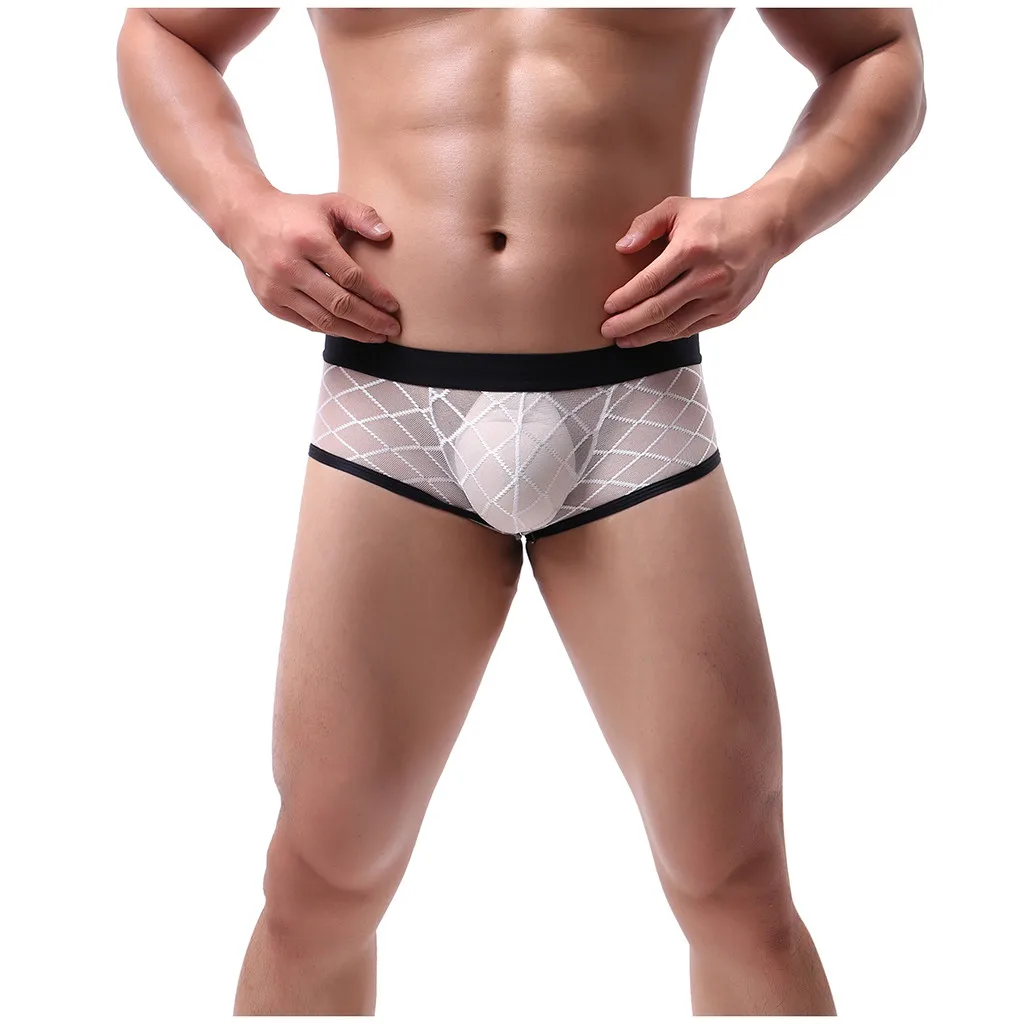 Men lingerie New High-Profile Low-Waist Sexy Underwear Rhombus Solid color Mesh Perspective boxer underpants секс sexoshop