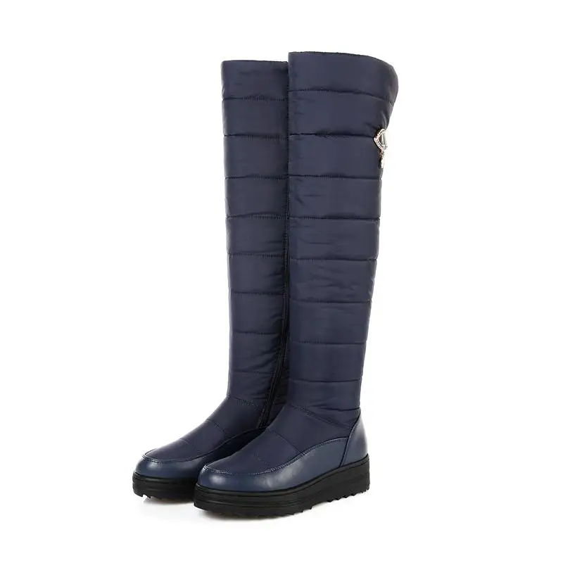 MORAZORA/Большие размеры 35-44, новые женские сапоги до колена на толстой платформе теплые зимние сапоги на меху на молнии женская обувь - Цвет: Синий