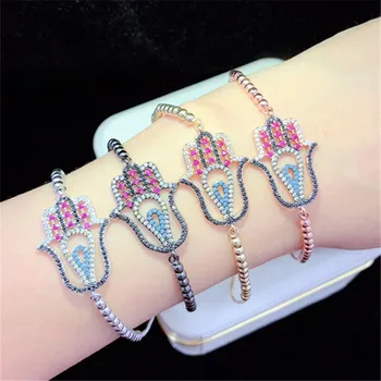 

10pcs/lot High Quality Brass Bracelet Pave CZ Classic Fatima Hamsa Adjustable Bracelet Fashion Jewelry
