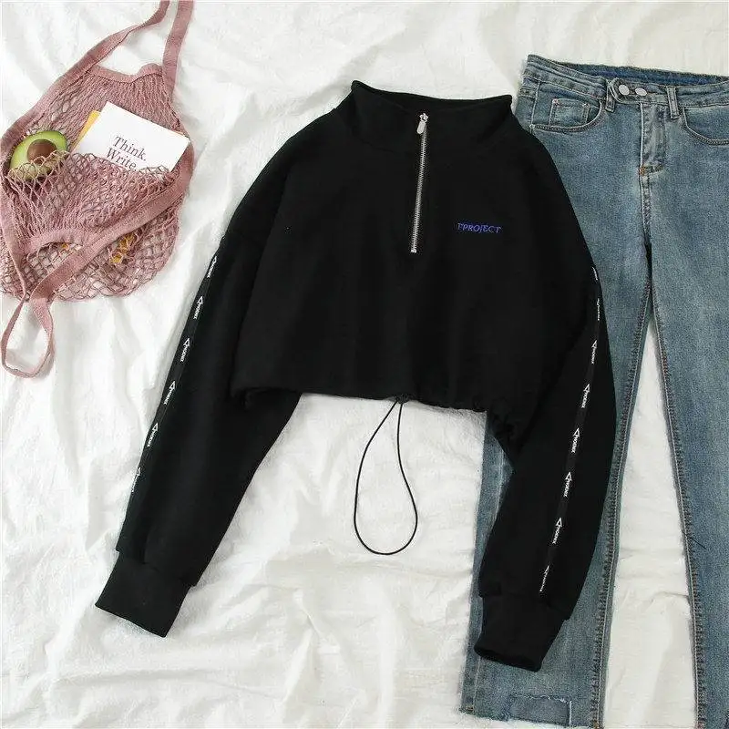  Women Zipper Autumn Black Solid Hoodies Cropped Streetwear Long Sleeve Sweatshirt Cool Loose Pullov