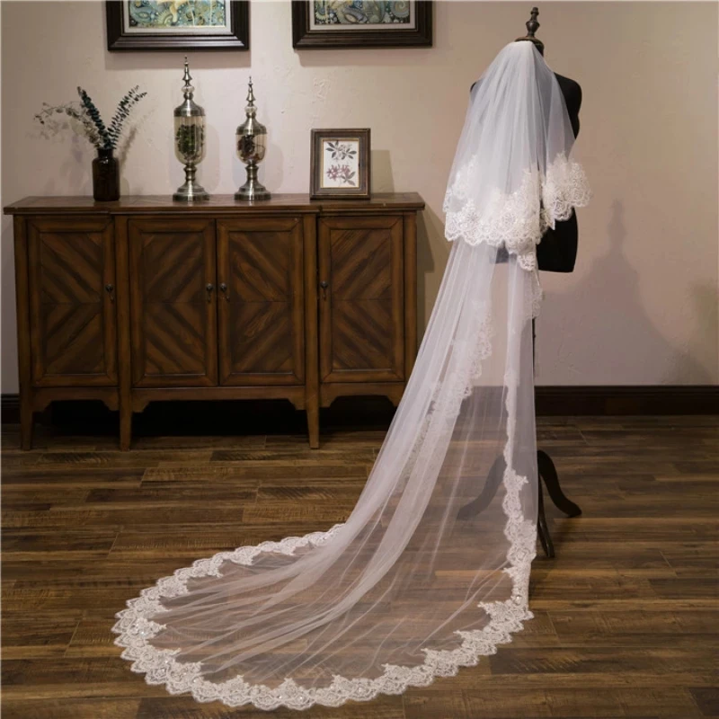 White Ivory Bling Bling 4 Meters 2 Layers Applique Lace Bridal veil Wedding Veils With Comb Velos De Novia Wedding accessories